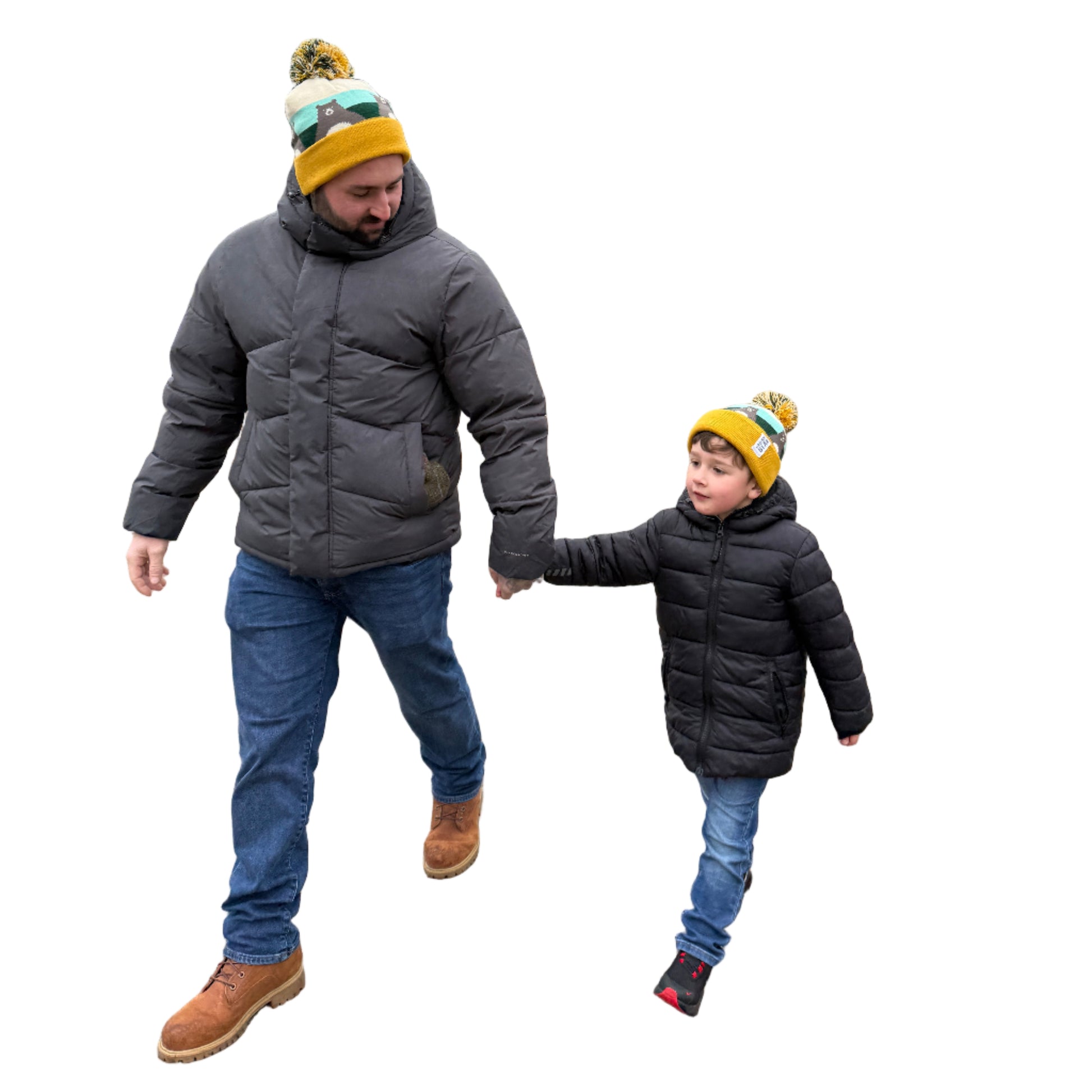 Dad and son wearing matching bear hats