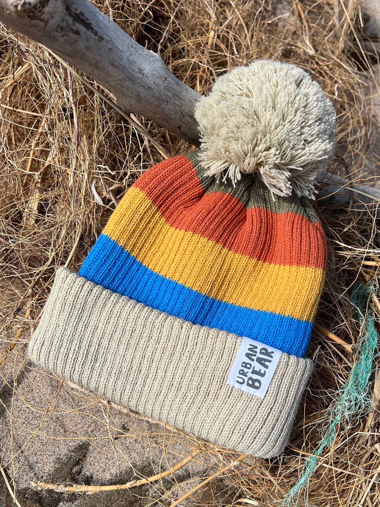 Ribbed Five Stripe Bobble Hat