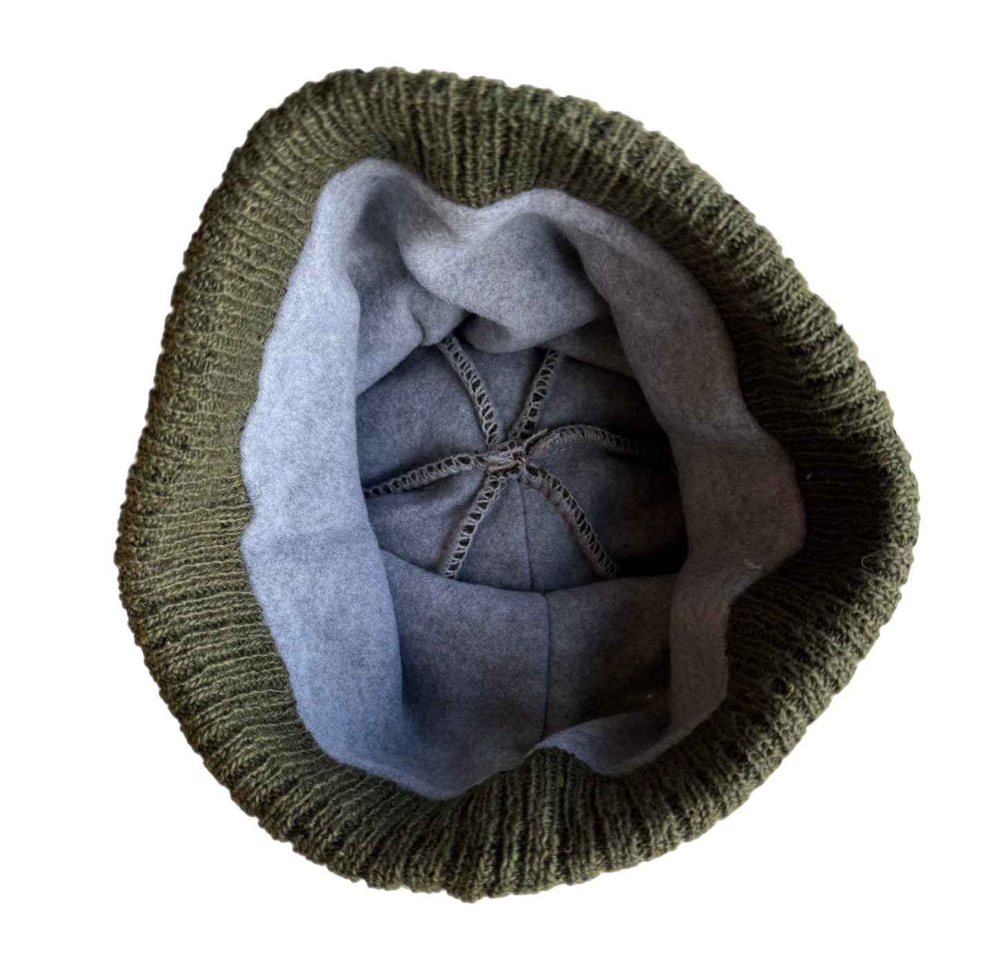 Green knit beanie with fleece inside on a white background