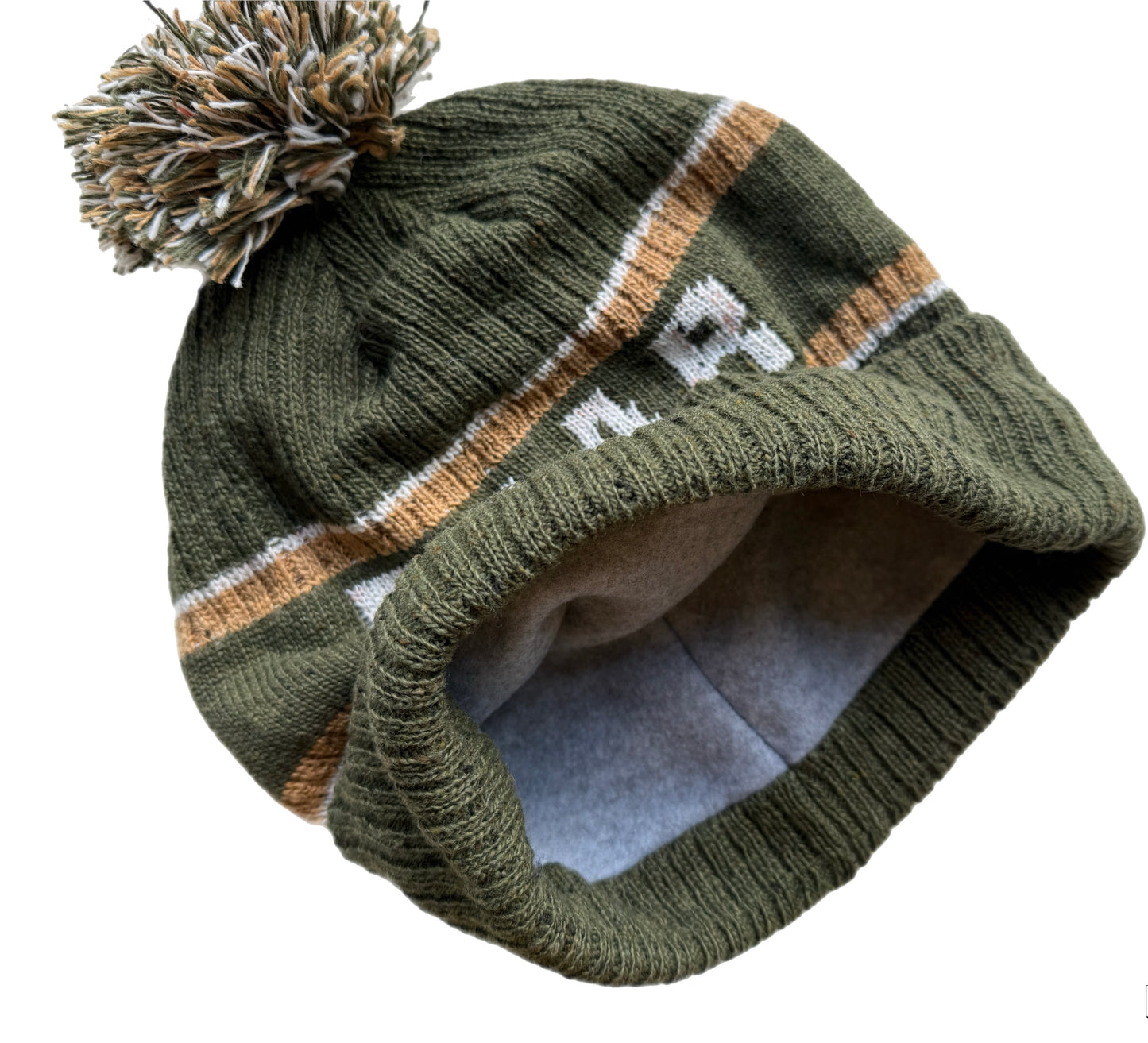 Green knit beanie with pom-pom and text on a white background