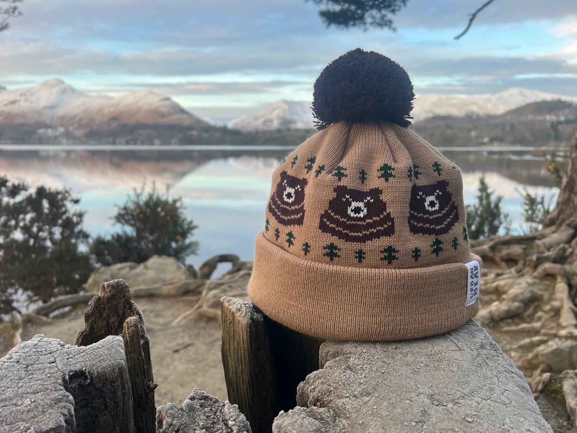Beige knit hat with bear pattern on a rock with a scenic view of a lake and mountains.